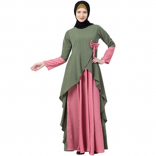 Polka dotted asymmetrical dress abaya- Jade Green-Pink